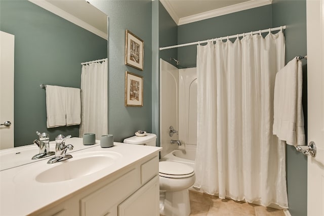 712 Independence Creek Ln, Georgetown, TX 78633 - bathroom with tile patterned flooring, ornamental molding, shower / bath combo with shower curtain, vanity, and toilet