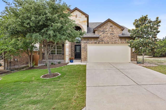 french country style house with brick siding, a front lawn, concrete driveway, an attached garage, and stone siding