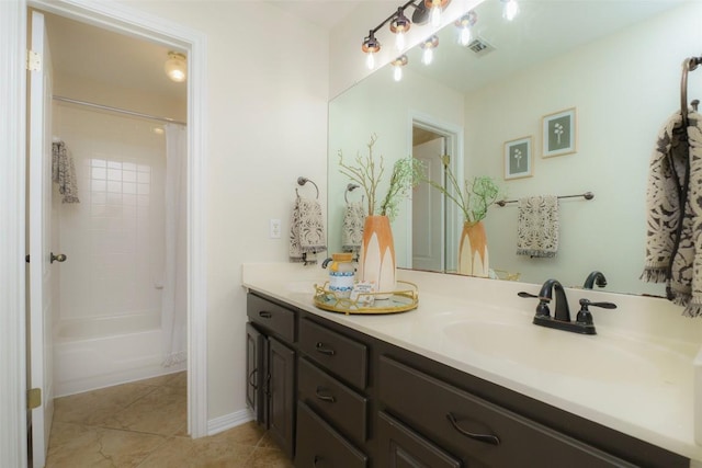 full bath featuring a sink, tile patterned flooring, double vanity, shower / tub combo, and visible vents