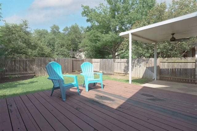 wooden deck with a fenced backyard