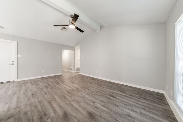 10429 Firethorn Ln, Austin, TX 78750 - unfurnished living room with visible vents, wood finished floors, baseboards, lofted ceiling with beams, and a ceiling fan
