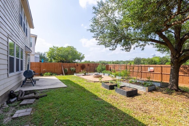 view of yard featuring a garden, a fenced backyard, and a patio area