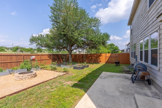 view of yard featuring a fenced backyard, a patio area, and a vegetable garden