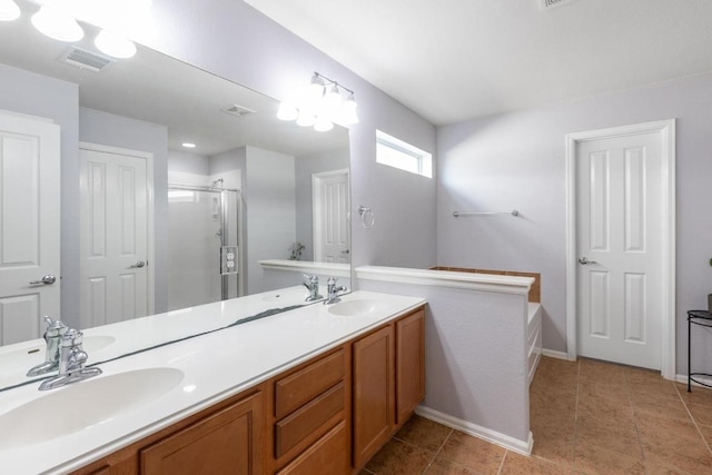 full bathroom featuring visible vents, a sink, double vanity, and a shower stall