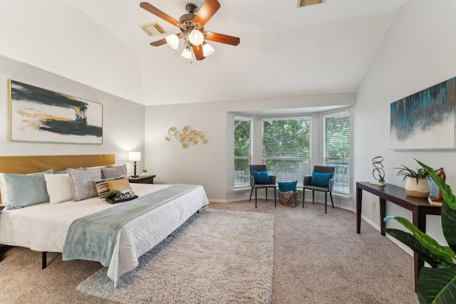 7418 W Magic Mountain Ln, Round Rock, TX 78681 - carpeted bedroom featuring baseboards, visible vents, a ceiling fan, and high vaulted ceiling