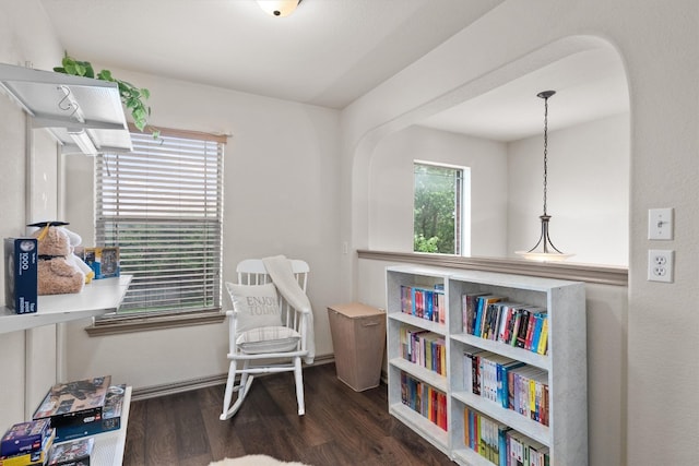 living area featuring arched walkways and wood finished floors
