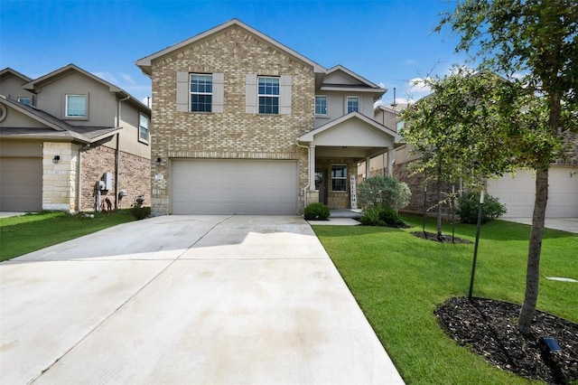 view of front of property with a garage, a front lawn, stone siding, brick siding, and driveway