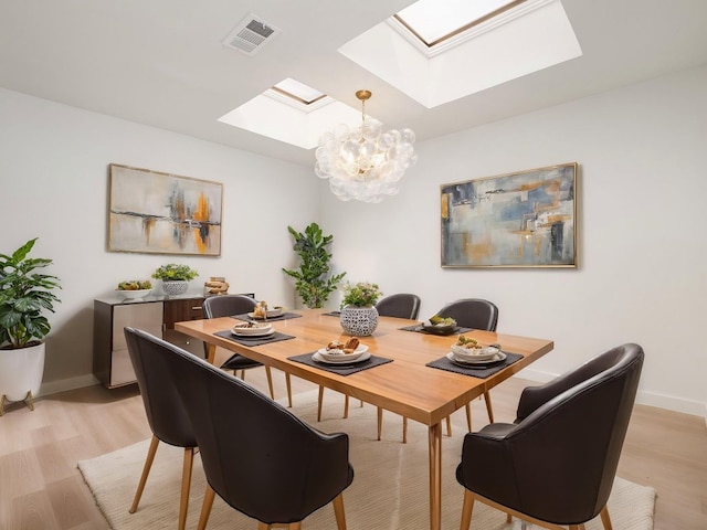 dining area featuring visible vents, baseboards, light wood finished floors, a notable chandelier, and a skylight