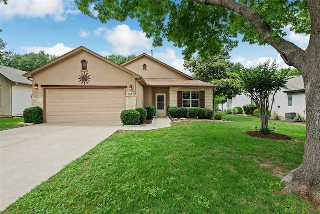 508 Texas Dr, Georgetown, TX 78633 - ranch-style house featuring a front yard, stucco siding, central AC unit, an attached garage, and driveway