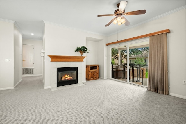508 Texas Dr, Georgetown, TX 78633 - unfurnished living room with carpet floors, a ceiling fan, crown molding, and baseboards