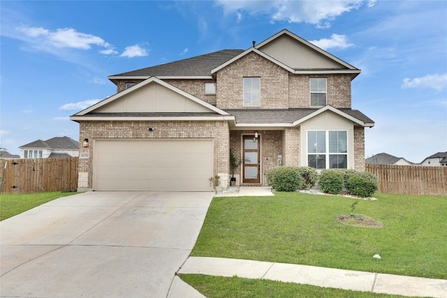 view of front of house featuring concrete driveway, brick siding, fence, and a front yard