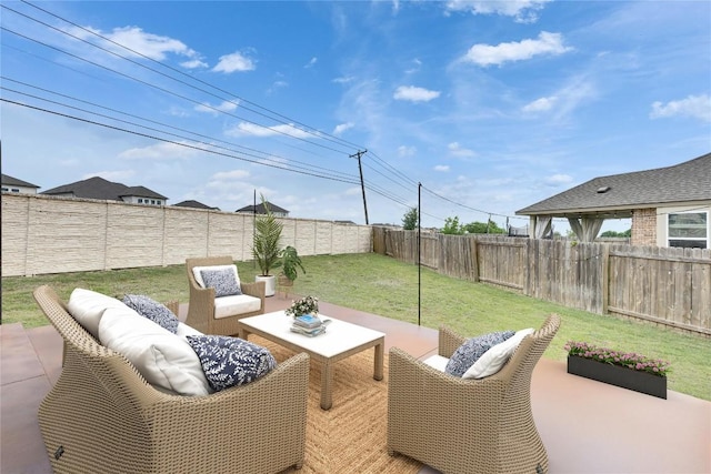 view of patio / terrace featuring an outdoor hangout area and a fenced backyard