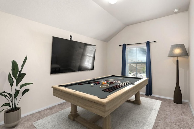 game room featuring carpet floors, baseboards, and lofted ceiling