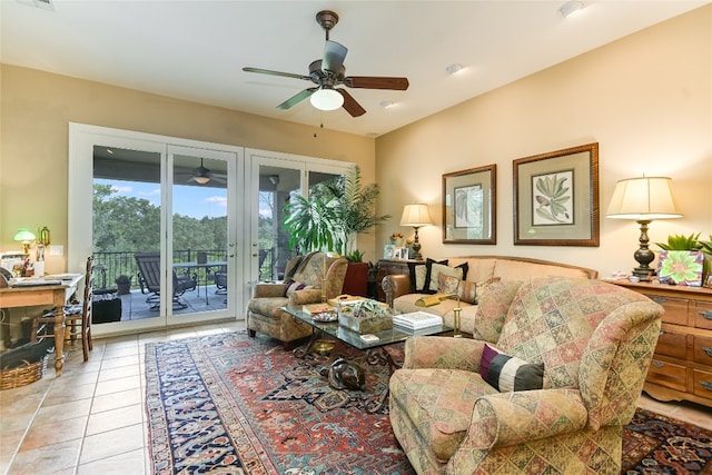 2305 Barton Creek Blvd Unit 28, Austin, TX 78735 - tiled living area with a ceiling fan, visible vents, and french doors