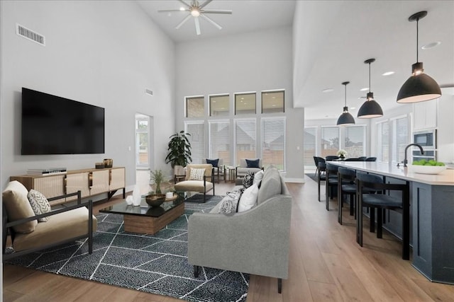 1400 Mulberry Oak Ln, Georgetown, TX 78628 - living room featuring light wood finished floors and a towering ceiling