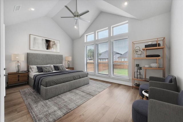 1400 Mulberry Oak Ln, Georgetown, TX 78628 - bedroom featuring wood finished floors, a ceiling fan, recessed lighting, and high vaulted ceiling