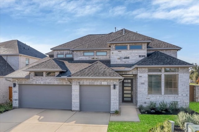 1400 Mulberry Oak Ln, Georgetown, TX 78628 - french provincial home featuring driveway, an attached garage, a shingled roof, and stone siding