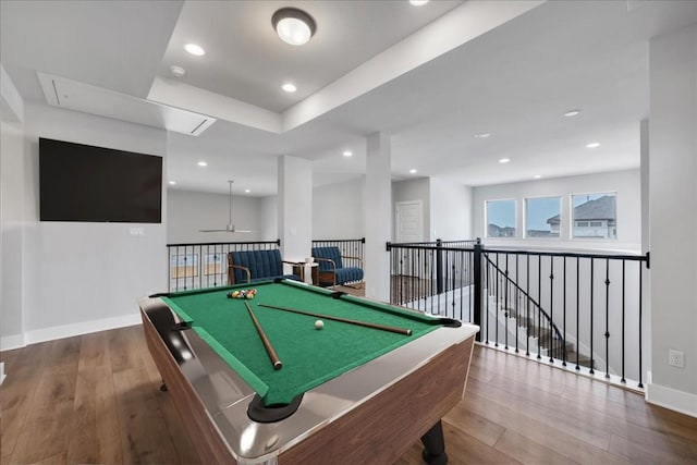 1400 Mulberry Oak Ln, Georgetown, TX 78628 - recreation room featuring attic access, wood-type flooring, recessed lighting, billiards, and baseboards