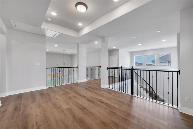 1400 Mulberry Oak Ln, Georgetown, TX 78628 - empty room with attic access, wood-type flooring, baseboards, recessed lighting, and a ceiling fan