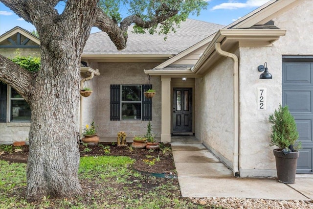 view of exterior entry with a shingled roof, stucco siding, and an attached garage