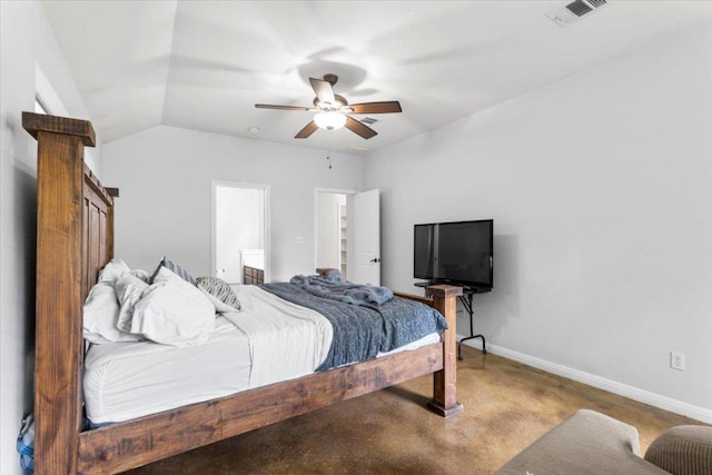 bedroom featuring baseboards, ceiling fan, and visible vents