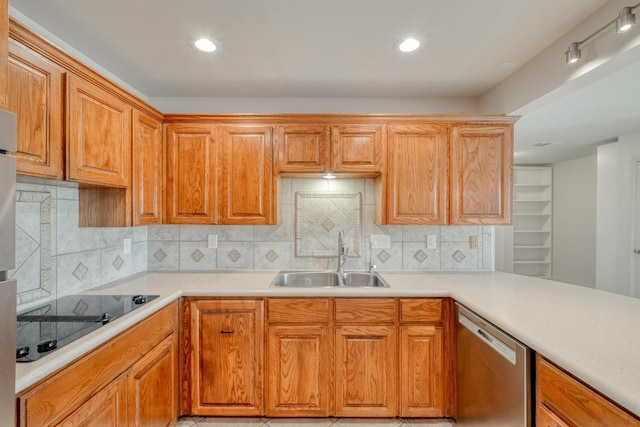 15203 Dormax Cir, Leander, TX 78641 - kitchen featuring stainless steel dishwasher, a sink, black electric cooktop, light countertops, and decorative backsplash