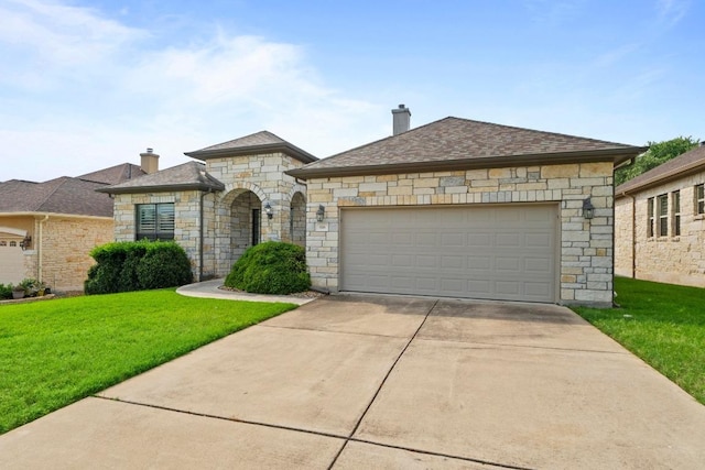 816 Sierra Blanco Loop, Georgetown, TX 78633 - french country inspired facade featuring stone siding, a chimney, concrete driveway, a front yard, and a garage