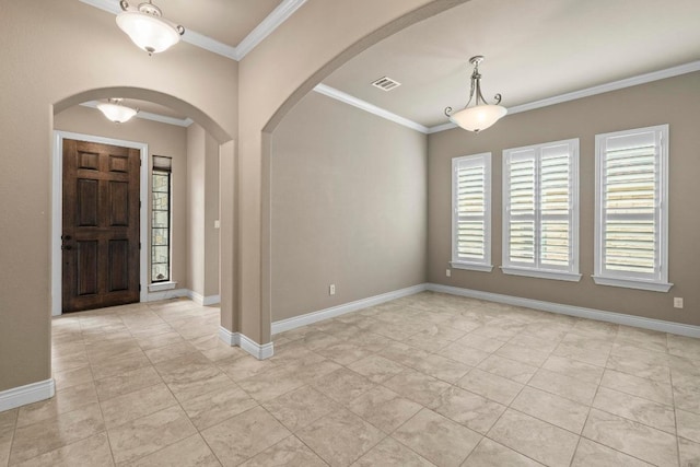 foyer with arched walkways, ornamental molding, light tile patterned flooring, and visible vents