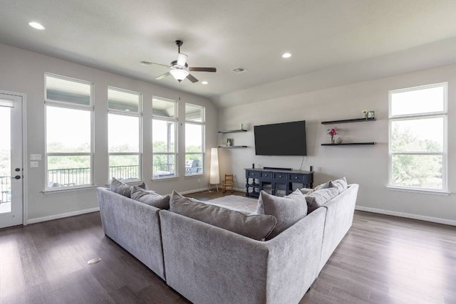 112 Bittik Cv, Georgetown, TX 78628 - living area featuring a ceiling fan, dark wood finished floors, and recessed lighting