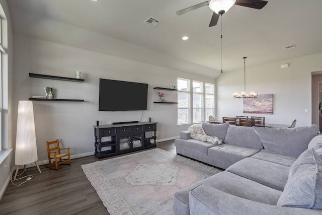 112 Bittik Cv, Georgetown, TX 78628 - living room with dark wood finished floors, a chandelier, ceiling fan, and recessed lighting