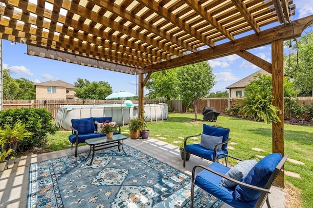 view of patio / terrace featuring a fenced backyard, outdoor lounge area, a pergola, and grilling area