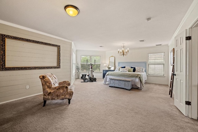 bedroom with crown molding, wooden walls, carpet flooring, an inviting chandelier, and baseboards