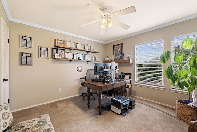 home office with carpet floors, baseboards, and ornamental molding