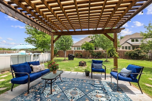 view of patio / terrace featuring a fenced backyard, an outdoor living space with a fire pit, a pergola, and a grill