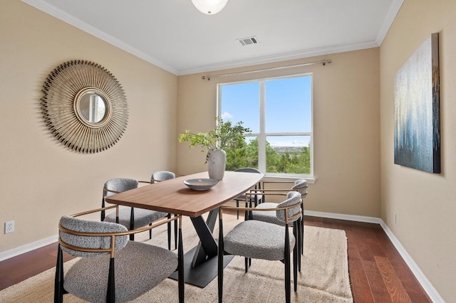 12401 Fairfax Ridge Pl, Austin, TX 78738 - dining space with baseboards, ornamental molding, dark wood-type flooring, and visible vents