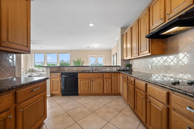 12401 Fairfax Ridge Pl, Austin, TX 78738 - kitchen with a sink, under cabinet range hood, black appliances, and a healthy amount of sunlight