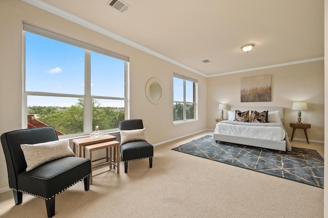 12401 Fairfax Ridge Pl, Austin, TX 78738 - bedroom featuring carpet floors, baseboards, visible vents, and crown molding