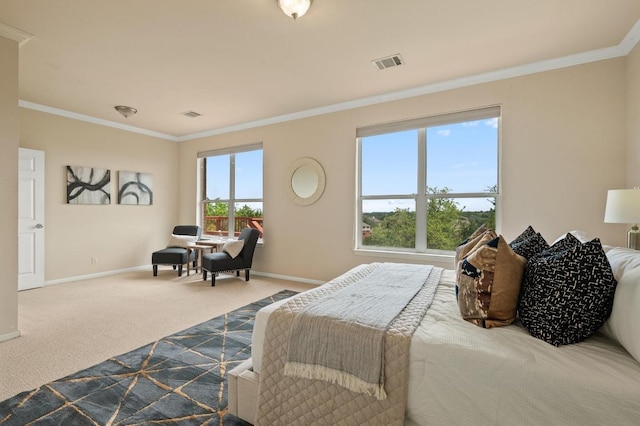 12401 Fairfax Ridge Pl, Austin, TX 78738 - bedroom featuring visible vents, carpet flooring, baseboards, and ornamental molding
