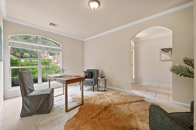 12401 Fairfax Ridge Pl, Austin, TX 78738 - carpeted home office with visible vents, crown molding, baseboards, tile patterned floors, and arched walkways