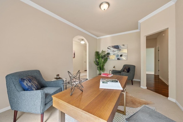 12401 Fairfax Ridge Pl, Austin, TX 78738 - office featuring crown molding, arched walkways, baseboards, and light carpet