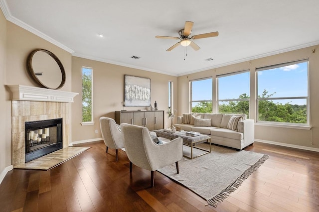 12401 Fairfax Ridge Pl, Austin, TX 78738 - living room featuring baseboards, ceiling fan, and dark wood-style floors