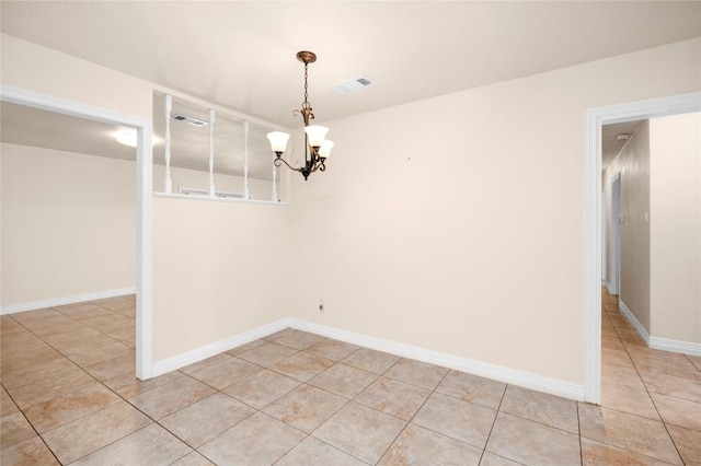 unfurnished dining area featuring light tile patterned flooring, baseboards, a notable chandelier, and visible vents