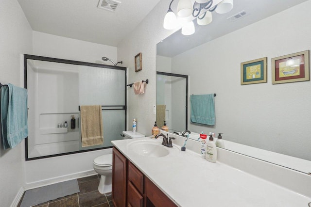 bathroom with visible vents, vanity, bath / shower combo with glass door, toilet, and an inviting chandelier