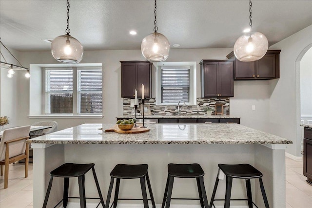 5684 Sabbia Dr, Round Rock, TX 78665 - kitchen featuring tasteful backsplash, healthy amount of natural light, and dark brown cabinets
