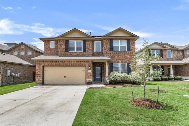 view of front of home featuring concrete driveway, brick siding, an attached garage, and a front lawn
