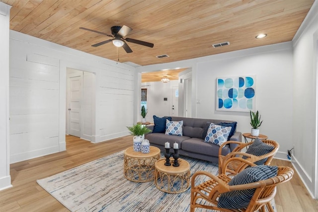 1802 Webberville Rd, Austin, TX 78721 - living room featuring a ceiling fan, visible vents, wooden ceiling, baseboards, and light wood-style floors