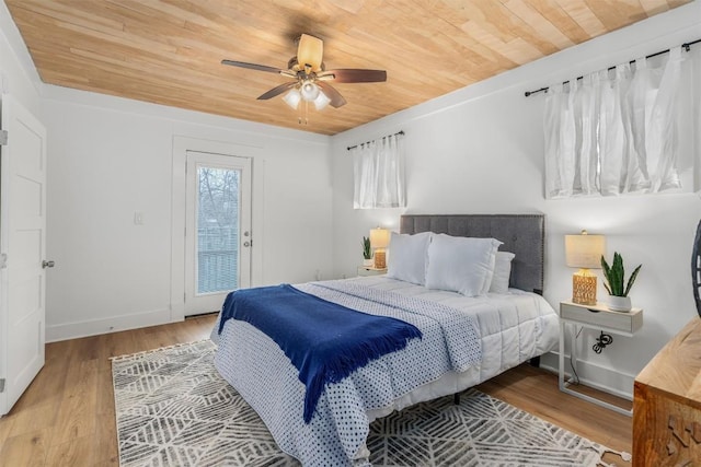1802 Webberville Rd, Austin, TX 78721 - bedroom with wood finished floors, access to exterior, baseboards, ceiling fan, and wooden ceiling