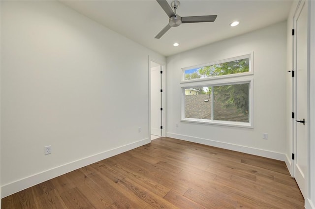 unfurnished bedroom featuring recessed lighting, baseboards, ceiling fan, and wood finished floors