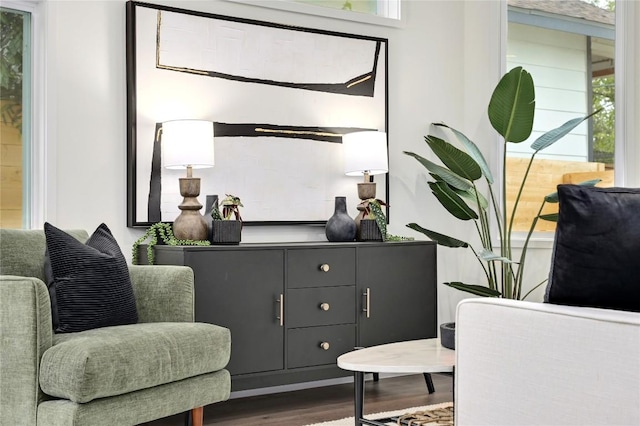 living area with plenty of natural light and dark wood finished floors