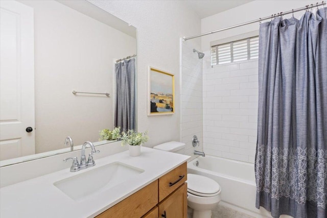 full bath with vanity, toilet, and shower / tub combo with curtain